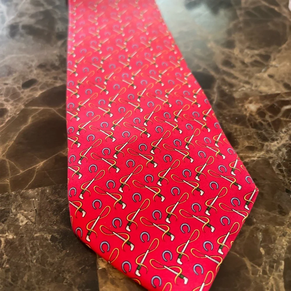 Salvatore Ferragamo Silk Tie Horseshoe Riding Crop Equestrian Novelty Red - Picture 6 of 10